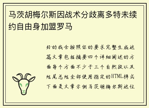 马茨胡梅尔斯因战术分歧离多特未续约自由身加盟罗马